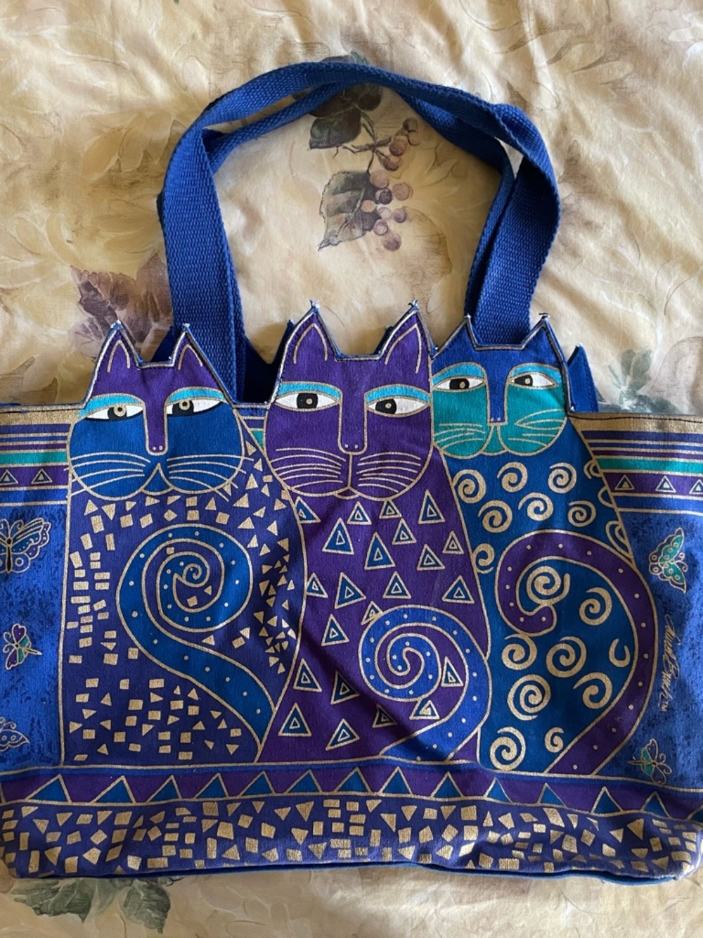 Large Laurel Burch Whimsical Cat Trio Canvas Tote in Blue & Purple